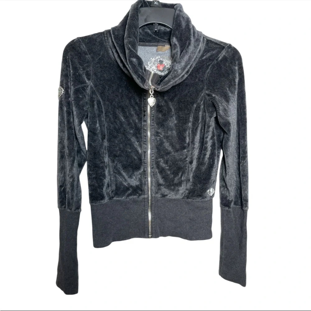 Y2K Twisted Hearts Velour Zip Jacket Women’s Small Gray Rhinestone Heart Bling